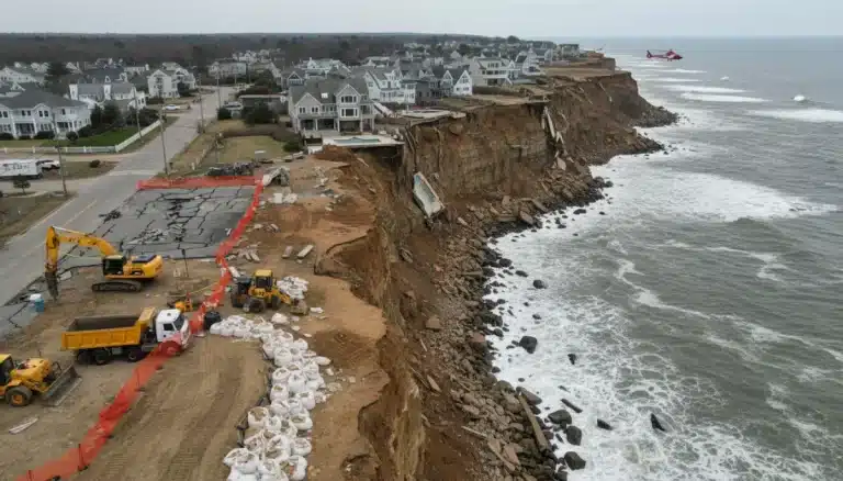 Severely eroded U.S. coastline in 2026, with damaged homes and emergency barriers.