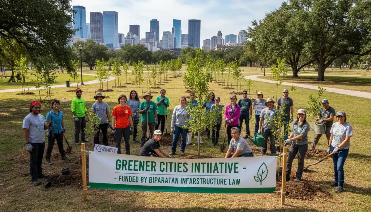 Community members planting trees in an urban park, showcasing local climate resilience efforts.
