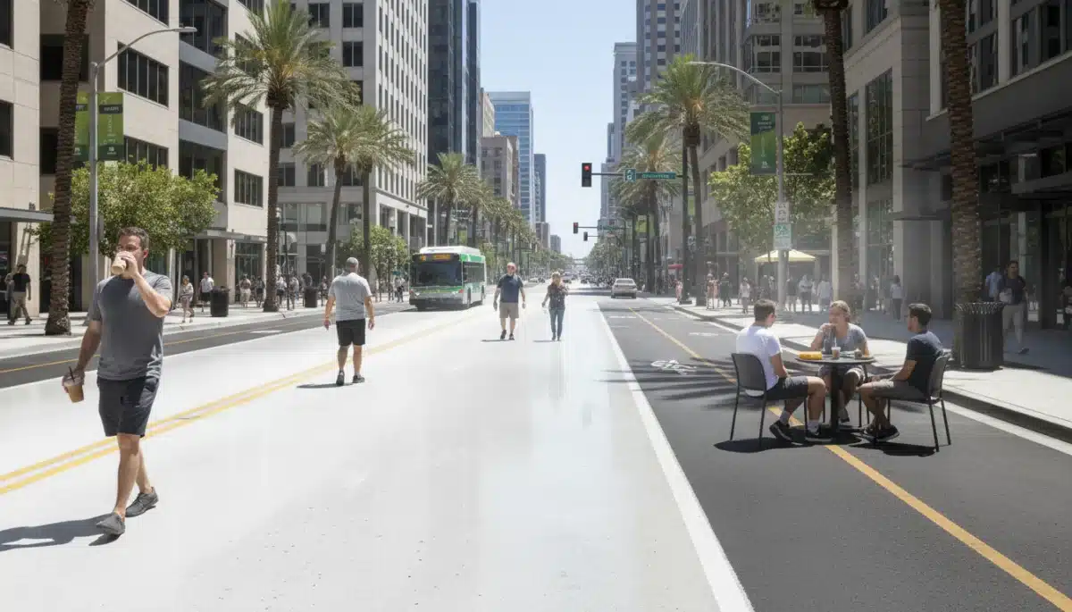 Cool pavement technology on a city street, reducing urban heat island effect