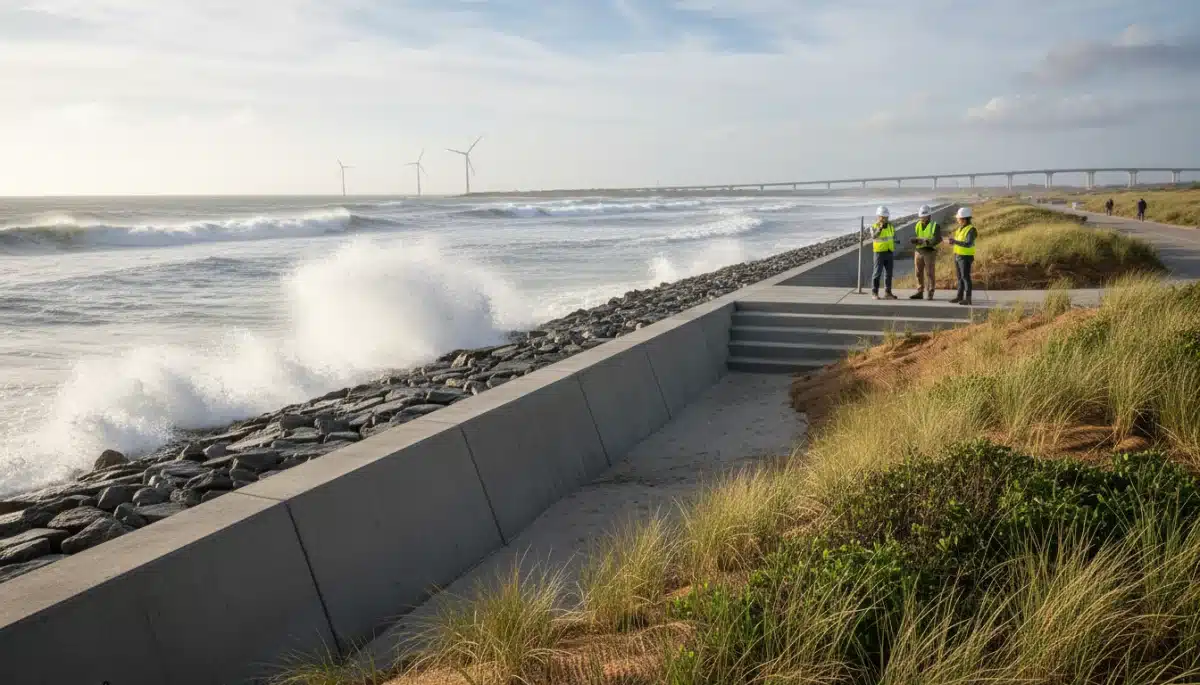 Engineers inspecting a new sea wall or restored dune system protecting U.S. infrastructure.