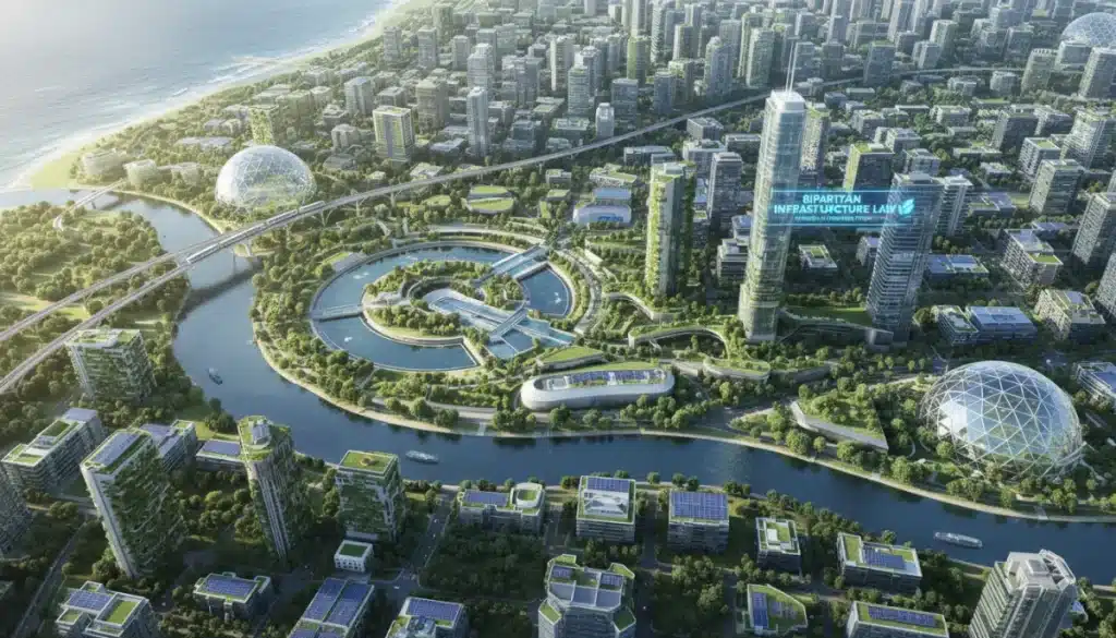 Modern city with green infrastructure, solar panels, and water treatment plants, representing the Bipartisan Infrastructure Law's environmental impact.