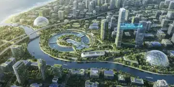 Modern city with green infrastructure, solar panels, and water treatment plants, representing the Bipartisan Infrastructure Law's environmental impact.