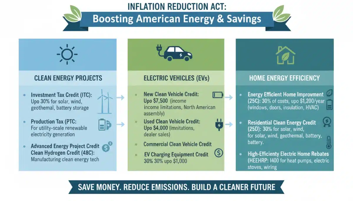 Infographic detailing Inflation Reduction Act's clean energy tax credits and incentives.