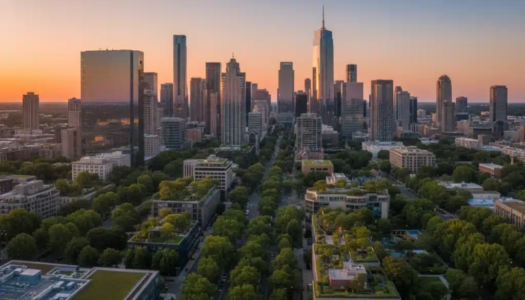 Sustainable U.S. city skyline with green roofs and reflective buildings combating heatwaves