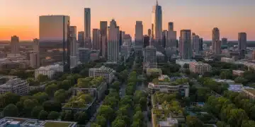 Sustainable U.S. city skyline with green roofs and reflective buildings combating heatwaves