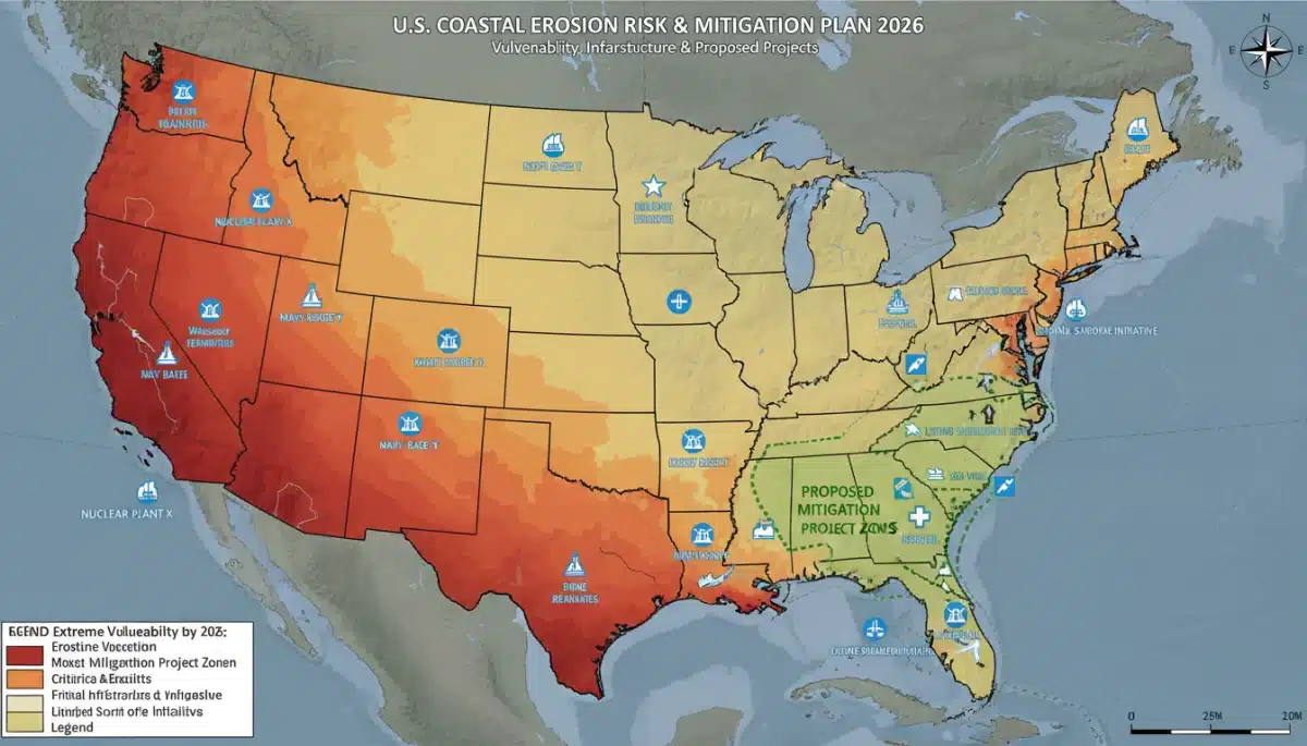 Map showing U.S. coastal erosion vulnerability and critical infrastructure at risk.
