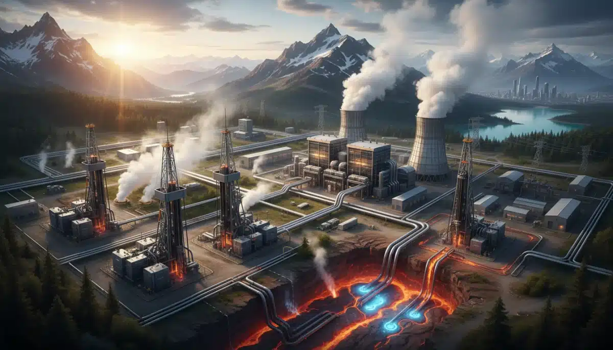 Advanced geothermal energy extraction and power plant in a natural setting