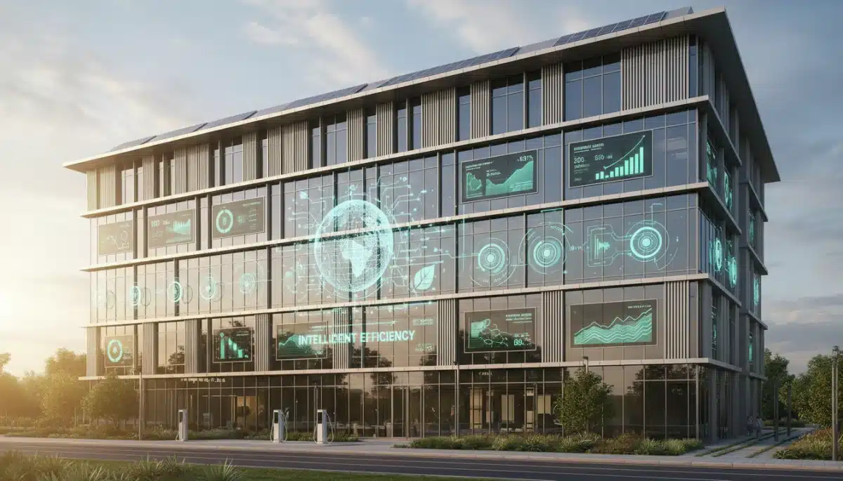 Modern commercial building with integrated smart sensors and energy management systems.