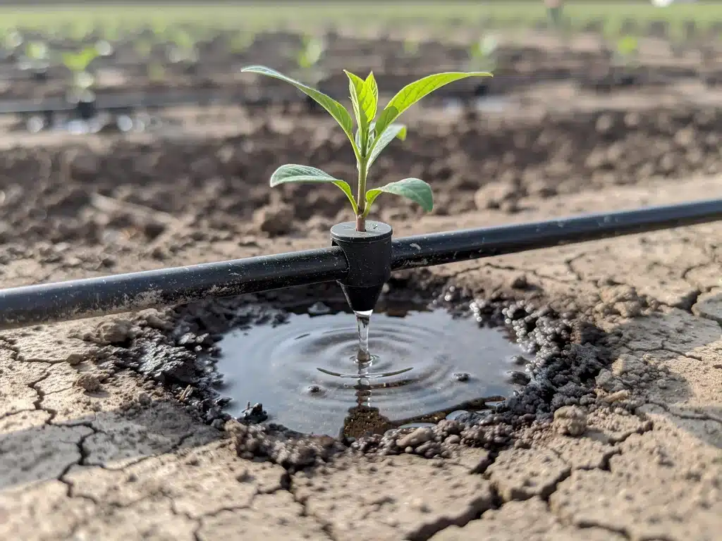 Close-up of a drip emitter delivering water to a plant root