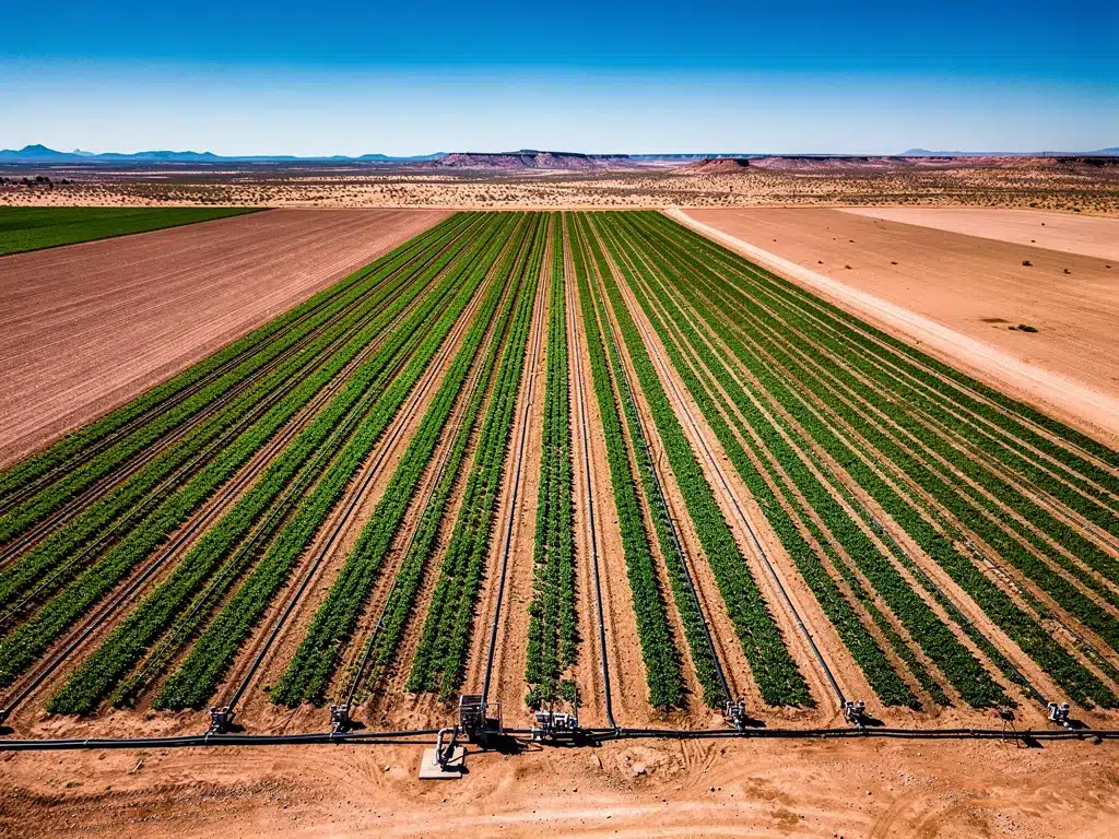 Drip irrigation system in a large US agricultural field, showcasing water efficiency