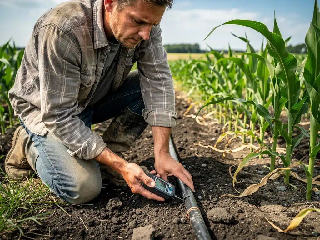 Farmer inspecting soil moisture with drip irrigation in a cornfield