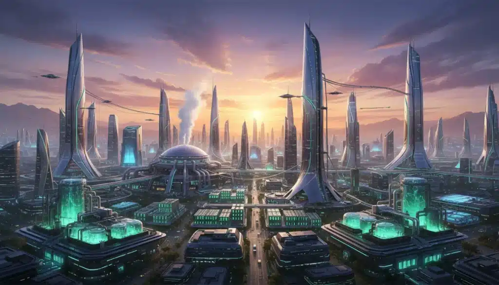 Futuristic cityscape powered by diverse clean energy technologies