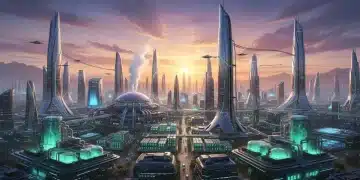 Futuristic cityscape powered by diverse clean energy technologies