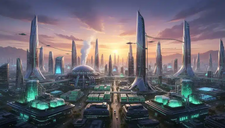 Futuristic cityscape powered by diverse clean energy technologies