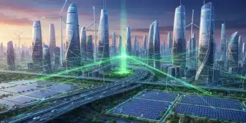 Futuristic city powered by green technology, showcasing renewable energy and sustainable innovation for 2026 outlook.