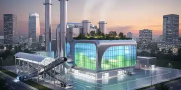 Futuristic waste-to-energy plant transforming trash into clean energy in the United States.