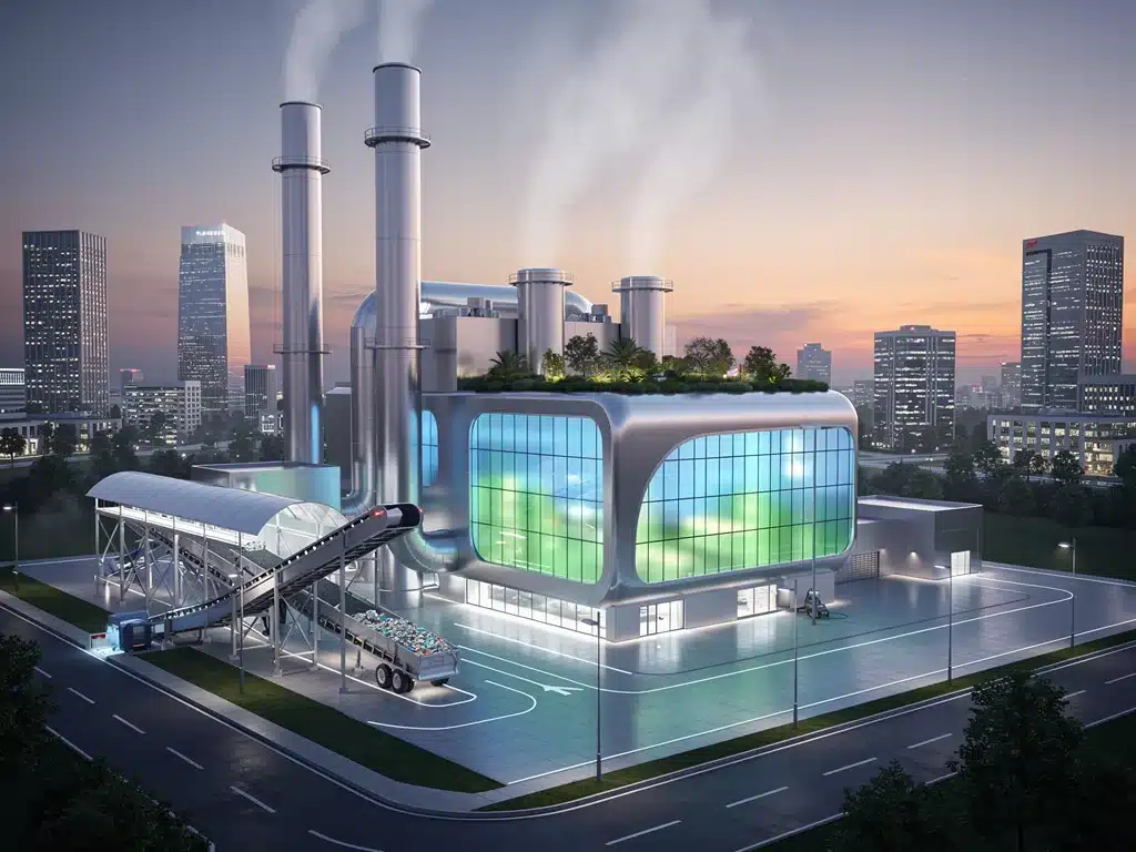 Futuristic waste-to-energy plant transforming trash into clean energy in the United States.
