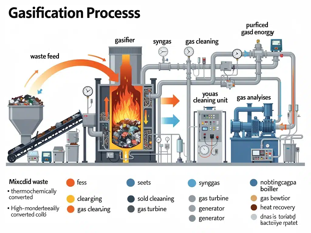 Detailed diagram of waste gasification process for energy production.