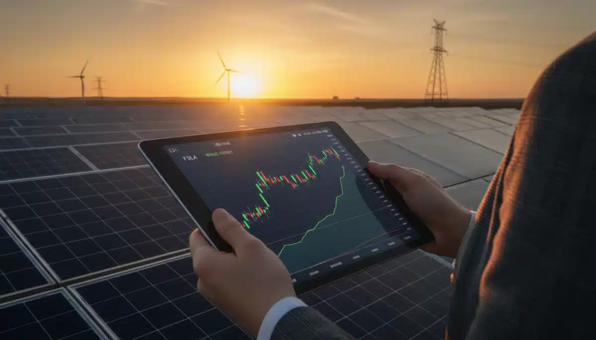 Investor analyzing green technology stock performance with solar panels in background.