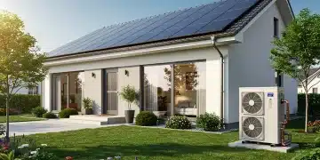 Modern home with solar panels and heat pump for energy efficiency