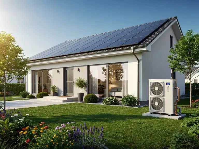 Modern home with solar panels and heat pump for energy efficiency