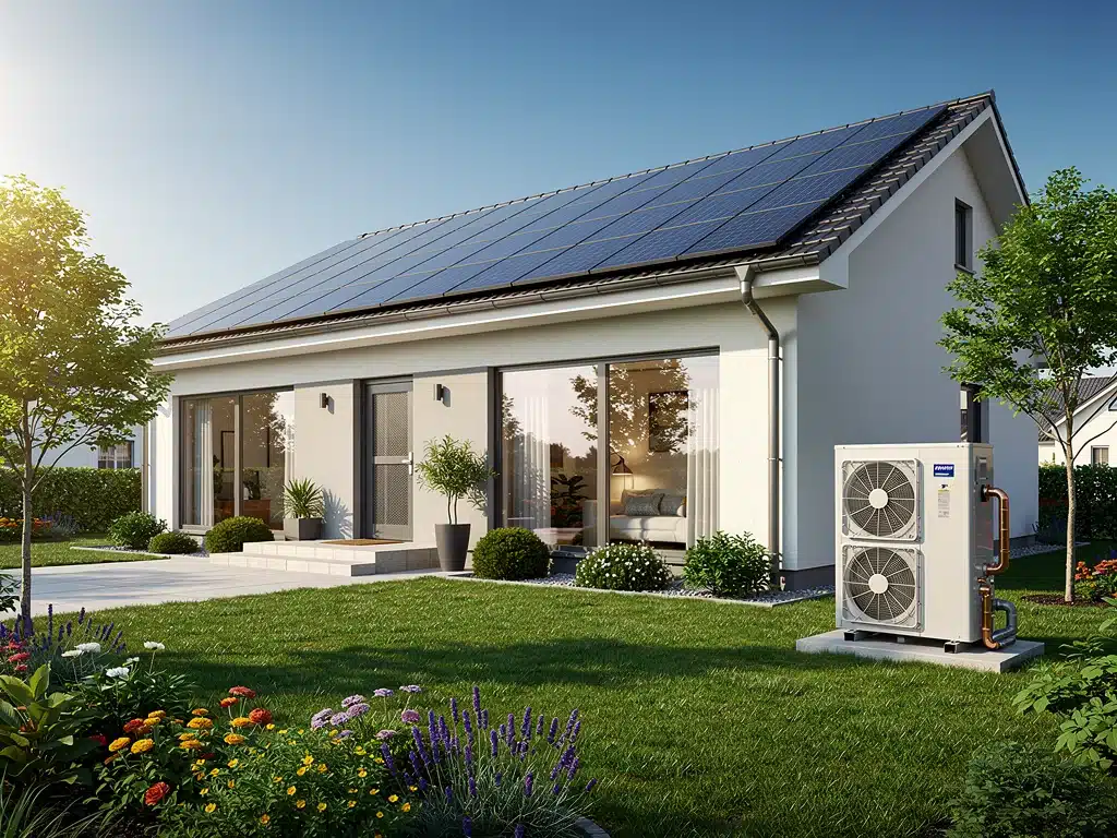 Modern home with solar panels and heat pump for energy efficiency