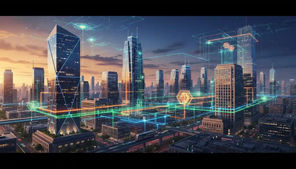 Smart grid network over a commercial city skyline at dusk, illustrating advanced energy management.