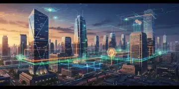 Smart grid network over a commercial city skyline at dusk, illustrating advanced energy management.
