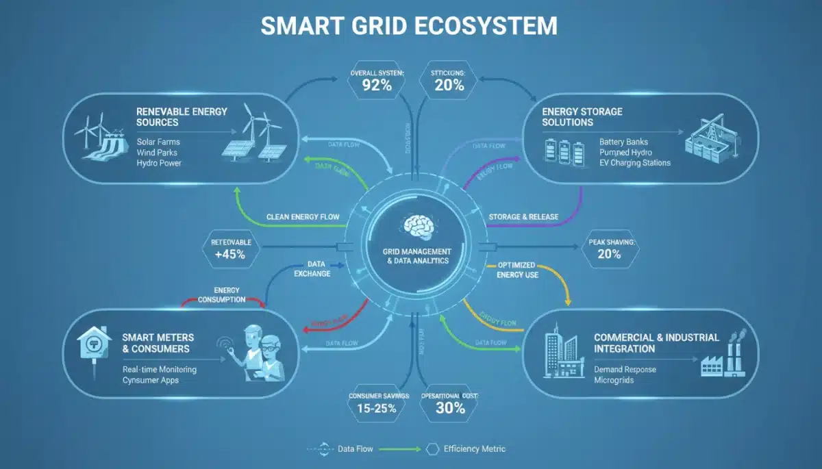 Infographic detailing smart grid components and commercial building integration for energy efficiency.