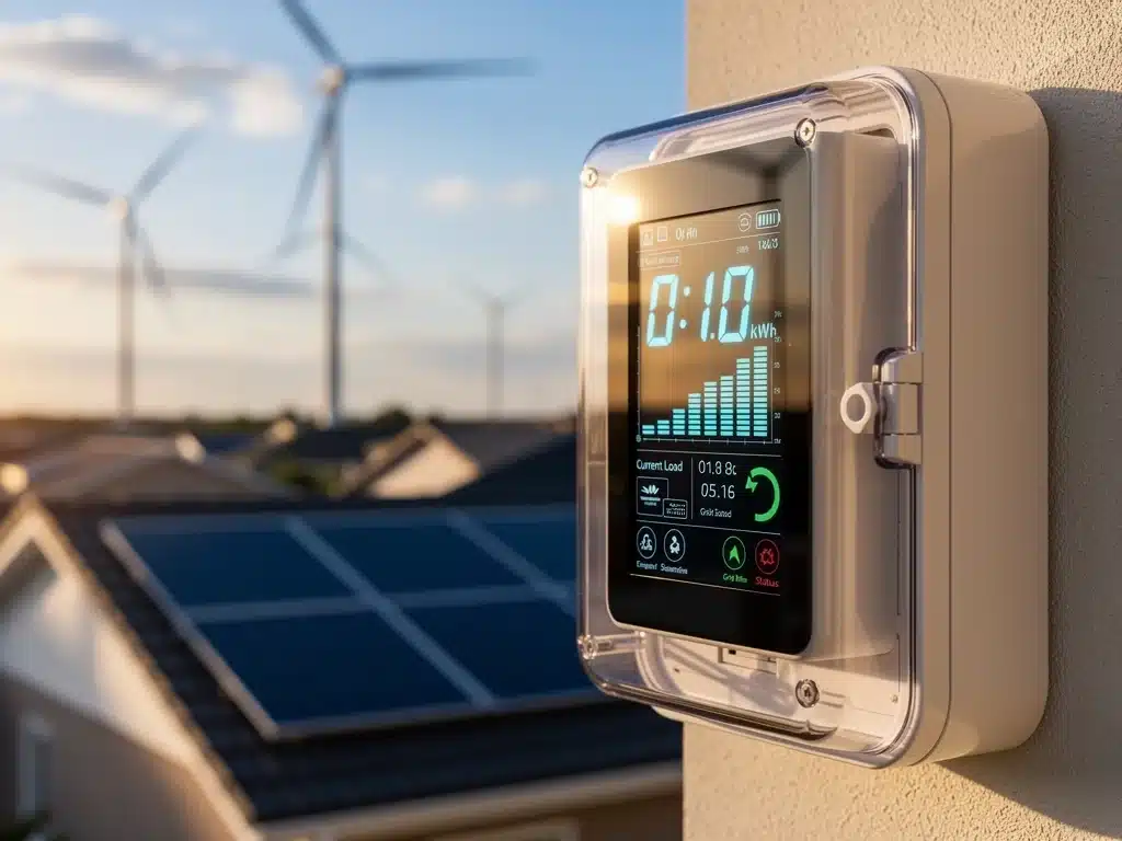 Smart meter displaying energy data with renewable energy sources in background.