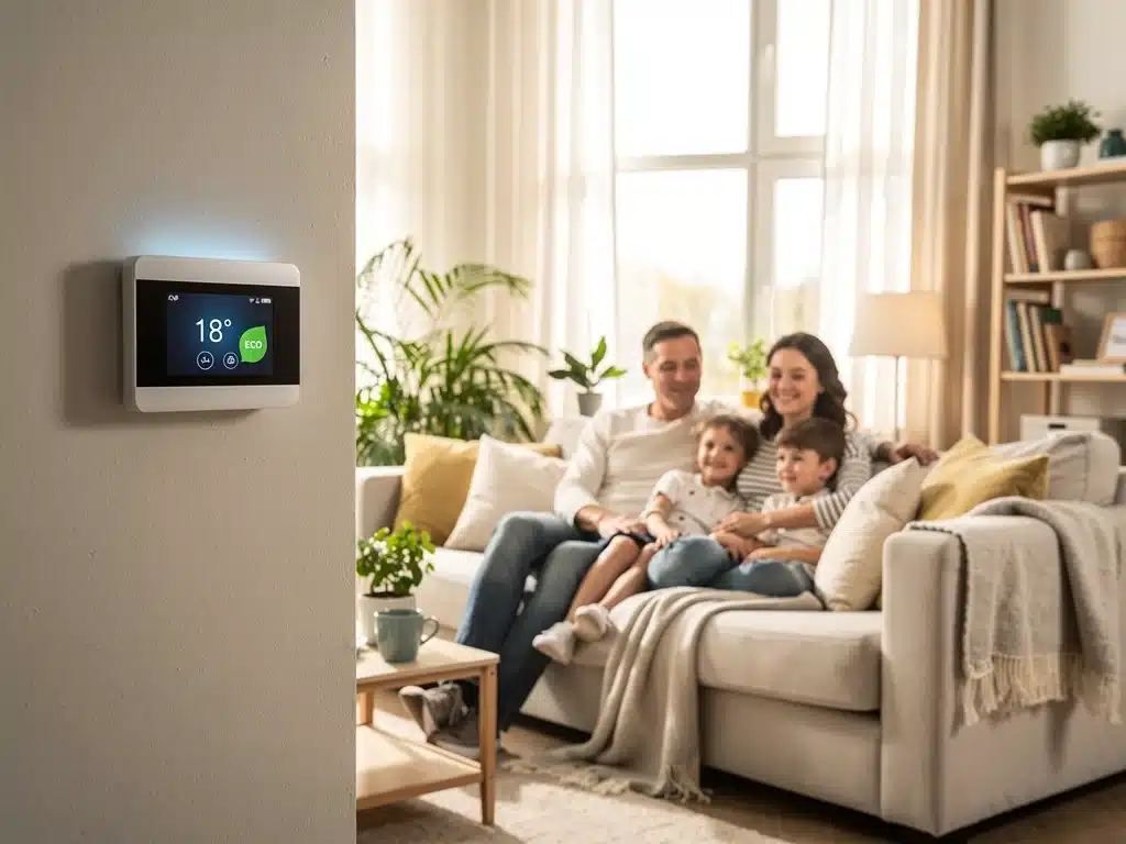 Smart thermostat display in an energy-efficient home interior