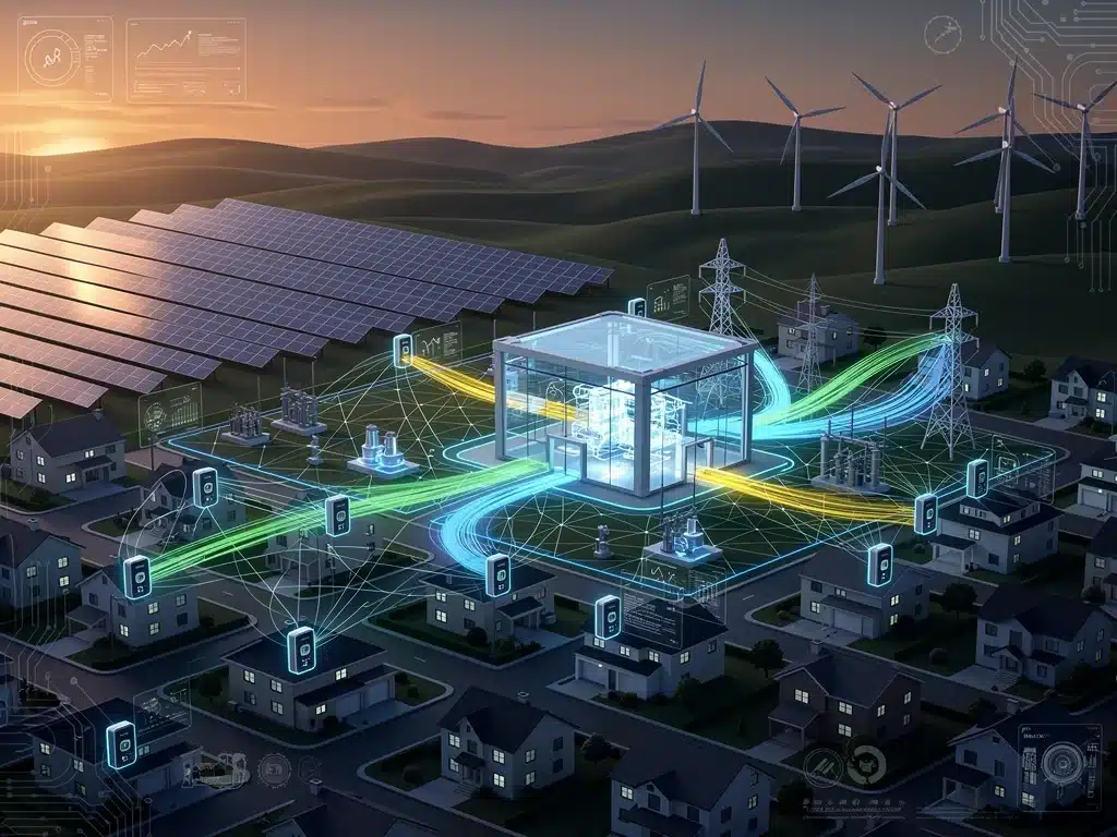 Digital overlay of smart grid technology enhancing renewable energy integration across the United States.