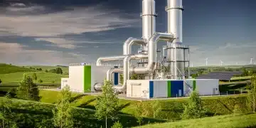 Advanced carbon capture facility with emissions being funneled into storage, showcasing environmental innovation.