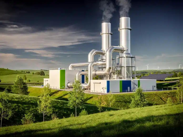 Advanced carbon capture facility with emissions being funneled into storage, showcasing environmental innovation.