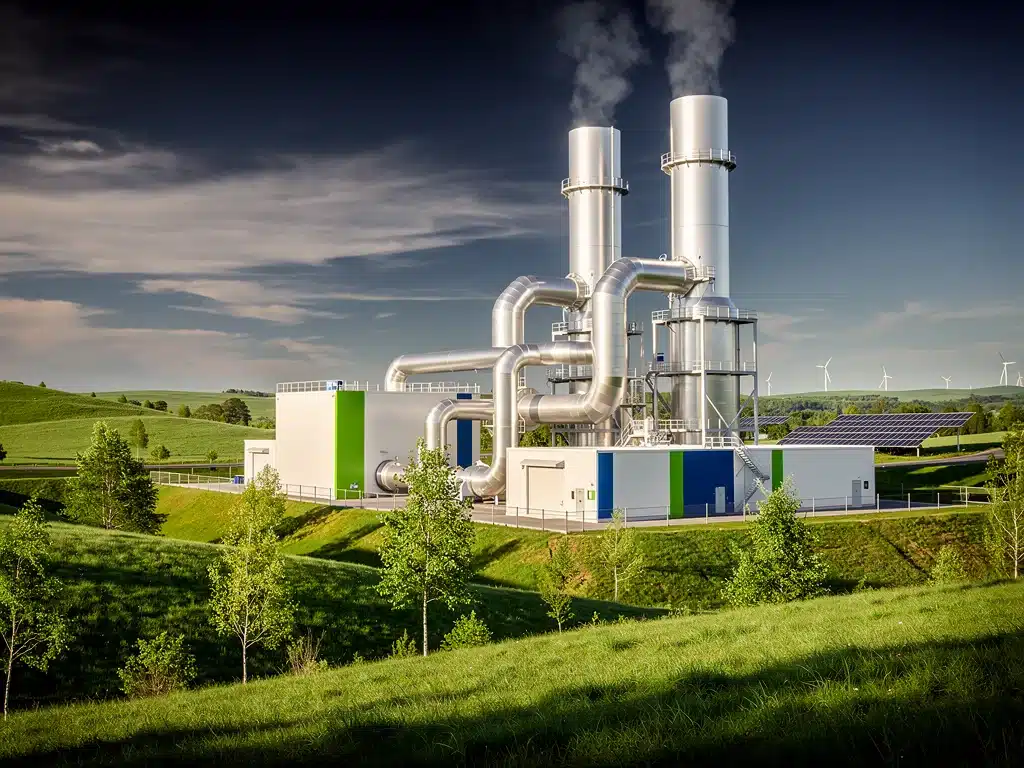 Advanced carbon capture facility with emissions being funneled into storage, showcasing environmental innovation.