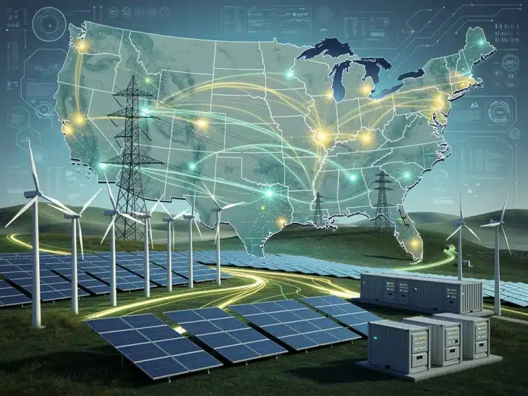 Advanced battery storage facility connected to renewable energy sources, symbolizing grid stability.