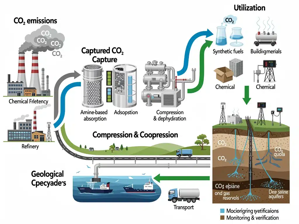 Diagram showing the process of carbon capture, utilization, and storage (CCUS) from industrial sources.