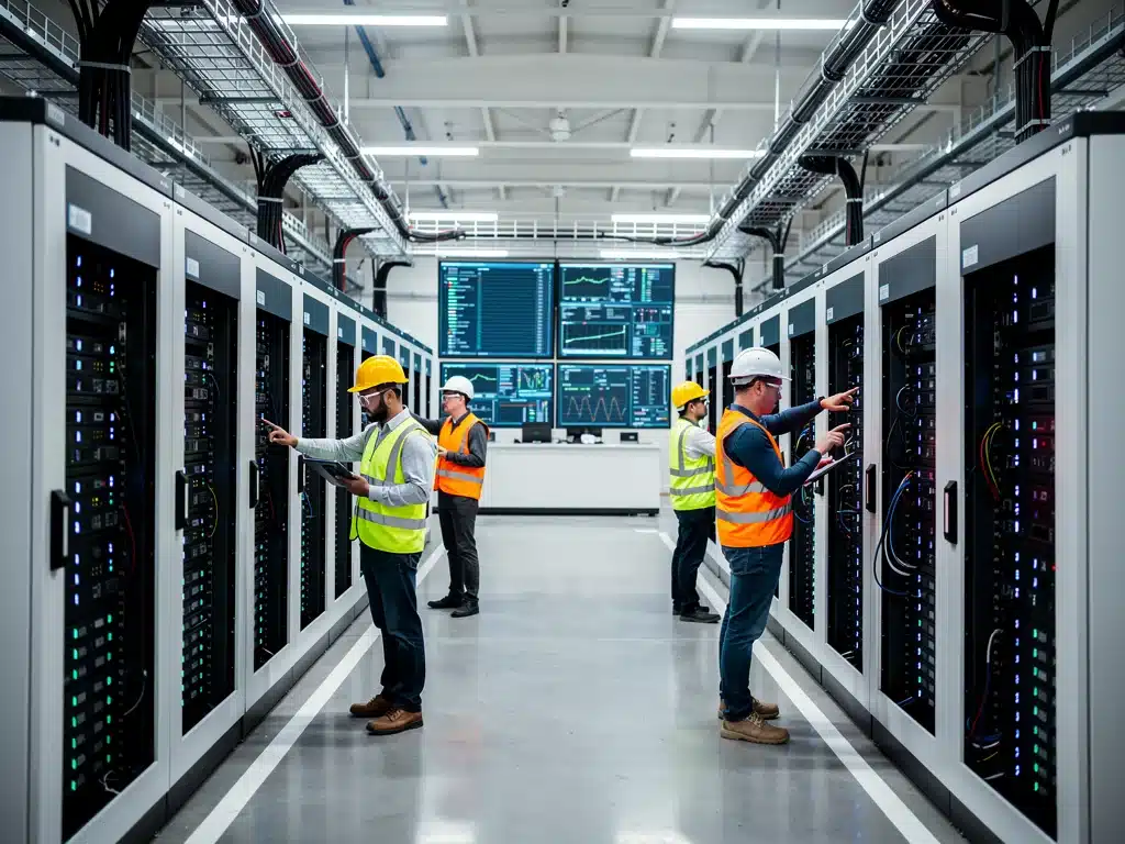 Engineers monitoring industrial battery storage systems for grid stabilization.