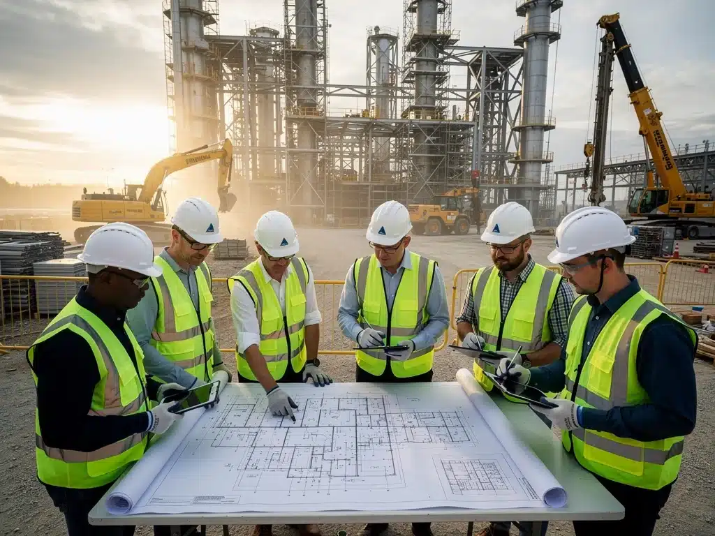 Engineers reviewing plans at a construction site for a new carbon capture plant in the United States.