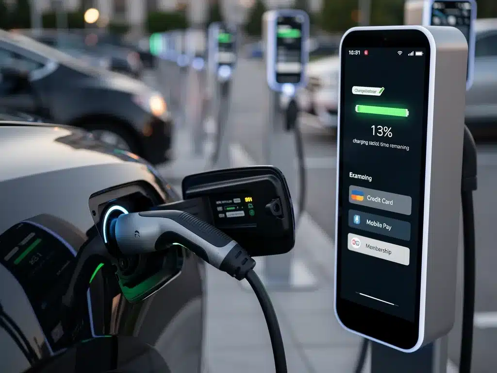 Close-up of an electric vehicle connected to an advanced charging port, with digital display.