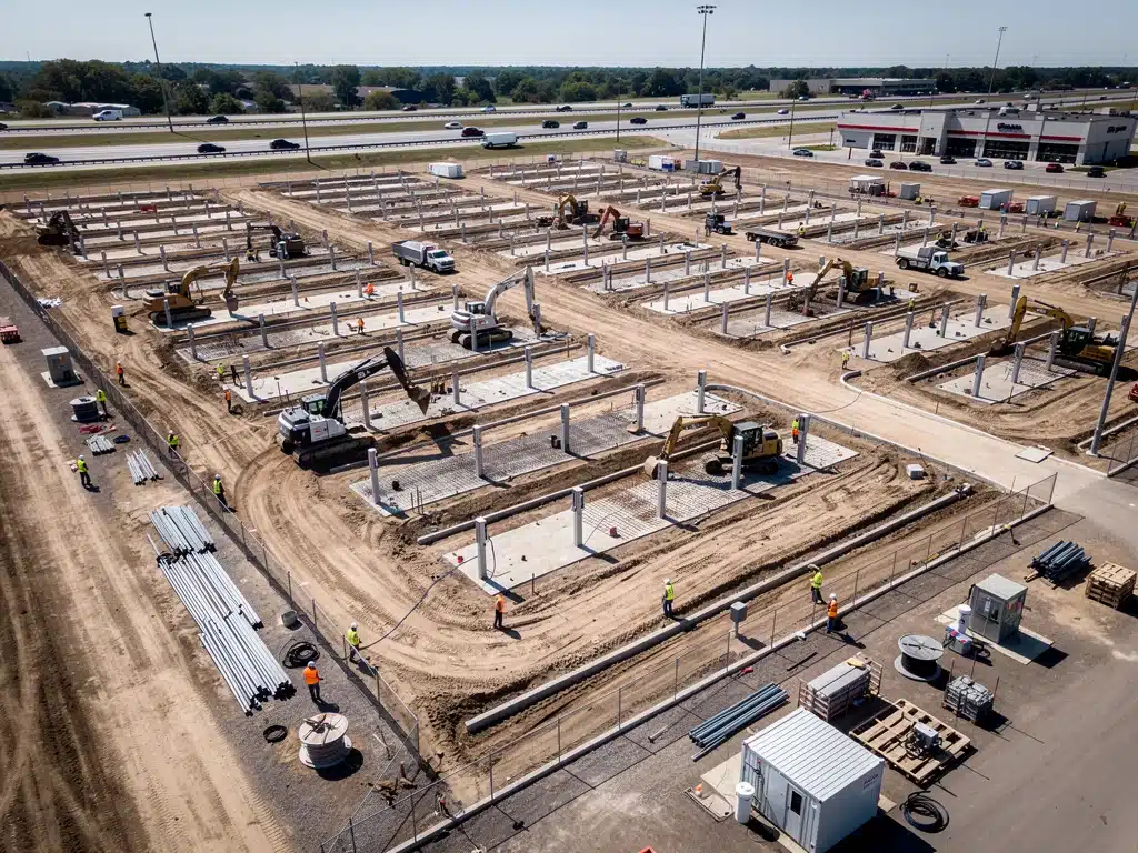 Construction site of a large-scale electric vehicle charging station in the US.