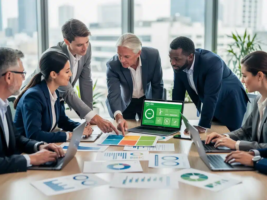 Financial professionals discussing green bond investment strategies