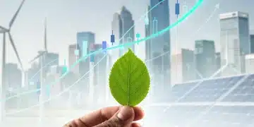 Green leaf over financial graph representing sustainable investment growth
