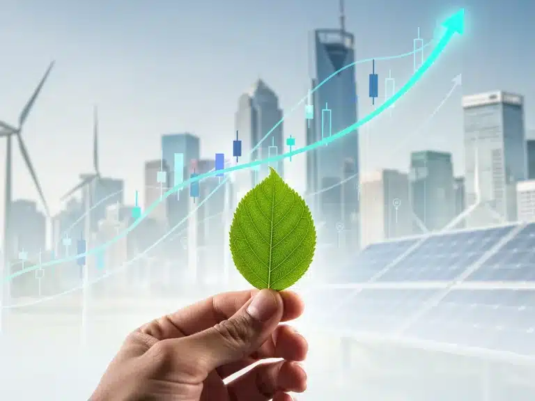 Green leaf over financial graph representing sustainable investment growth