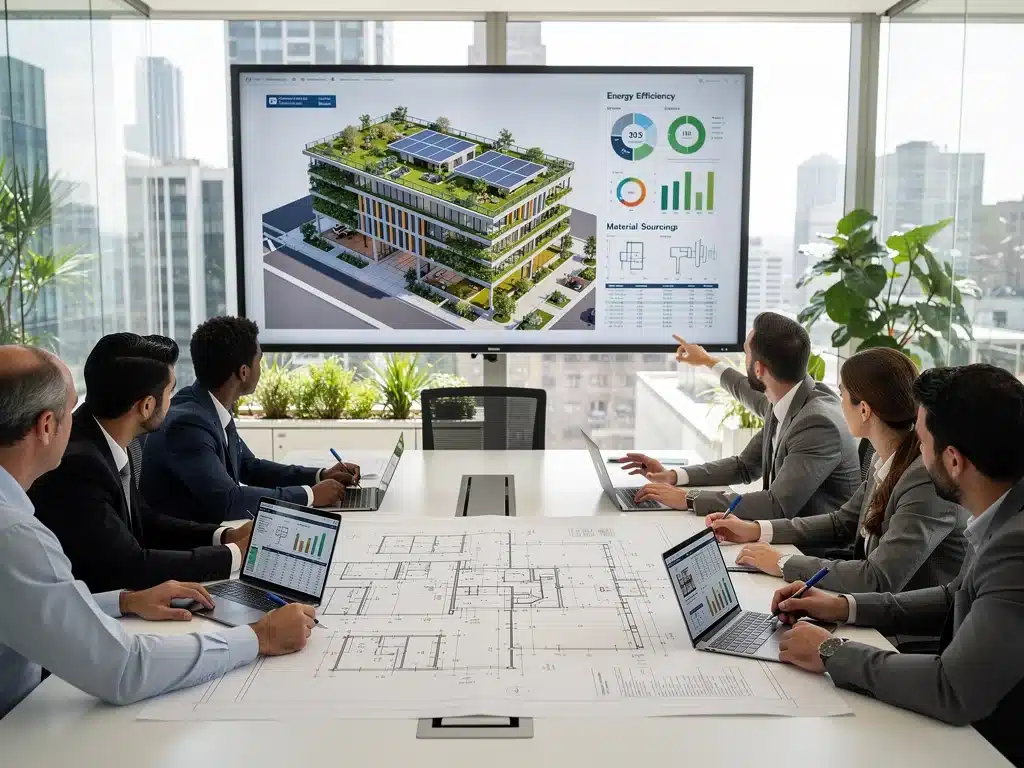 Team of architects and engineers collaborating on green building design for LEED compliance.