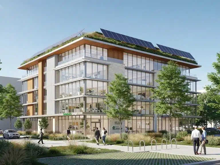 Modern commercial building showcasing sustainable design for LEED certification in the US.