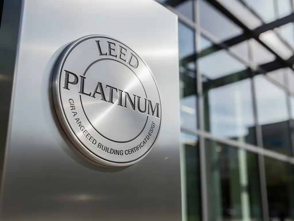 LEED Platinum certification plaque on a commercial building, signifying high sustainability standards.