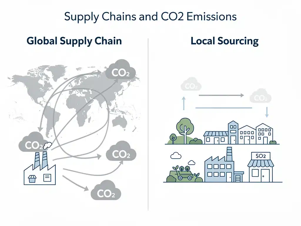 Graphic illustrating reduced carbon emissions through local supply chains compared to global networks.