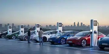 Modern EV charging hub with multiple electric vehicles charging at night, showcasing advanced infrastructure.