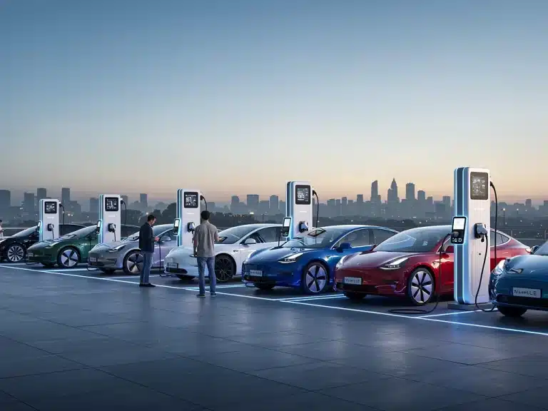Modern EV charging hub with multiple electric vehicles charging at night, showcasing advanced infrastructure.